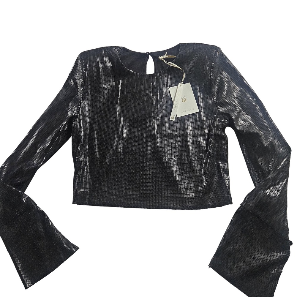 Milio Milano Blouse Womens Medium Black Sequin Bell Sleeve Cropped Party Top